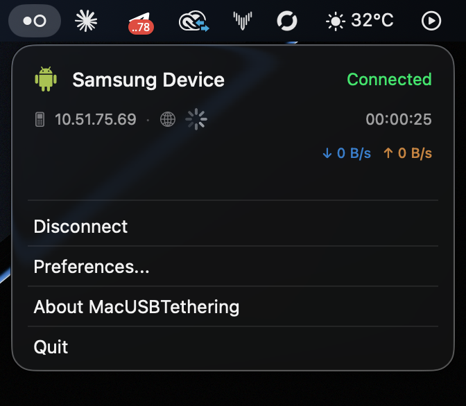 MacUSBTethering connected to a Samsung device with live traffic status